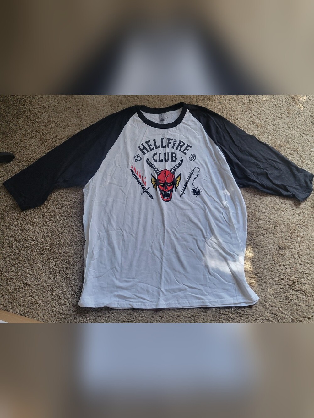 Netflix Hellfire Club Raglan Baseball Tee - White/Black with Red Graphic